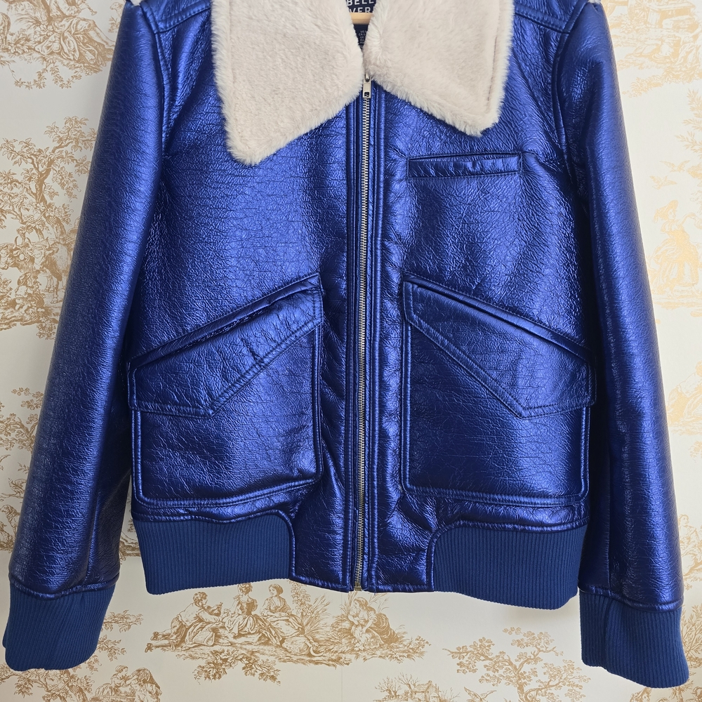 Blue Leather Jacket with Cream Collar